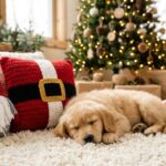 Golden Retriever puppy resting beside handmade crochet Christmas pillows