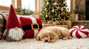 Golden Retriever puppy resting beside handmade crochet Christmas pillows
