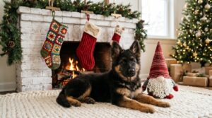 German Shepherd puppy lying on hearth rug beneath handmade crochet pet stockings