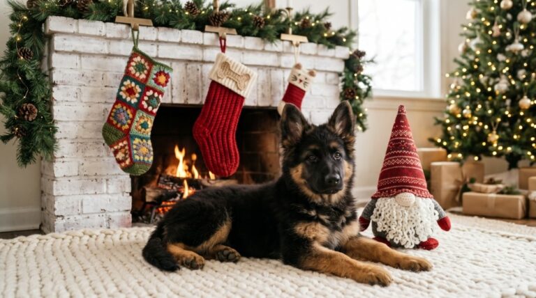 German Shepherd puppy lying on hearth rug beneath handmade crochet pet stockings