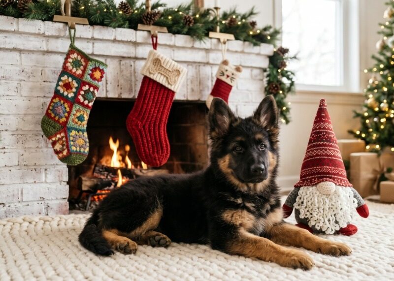 German Shepherd puppy lying on hearth rug beneath handmade crochet pet stockings