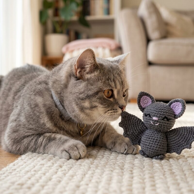 Curious grey British Shorthair cat gently sniffing and playing with handmade charcoal baby bat crochet toy on cozy rug