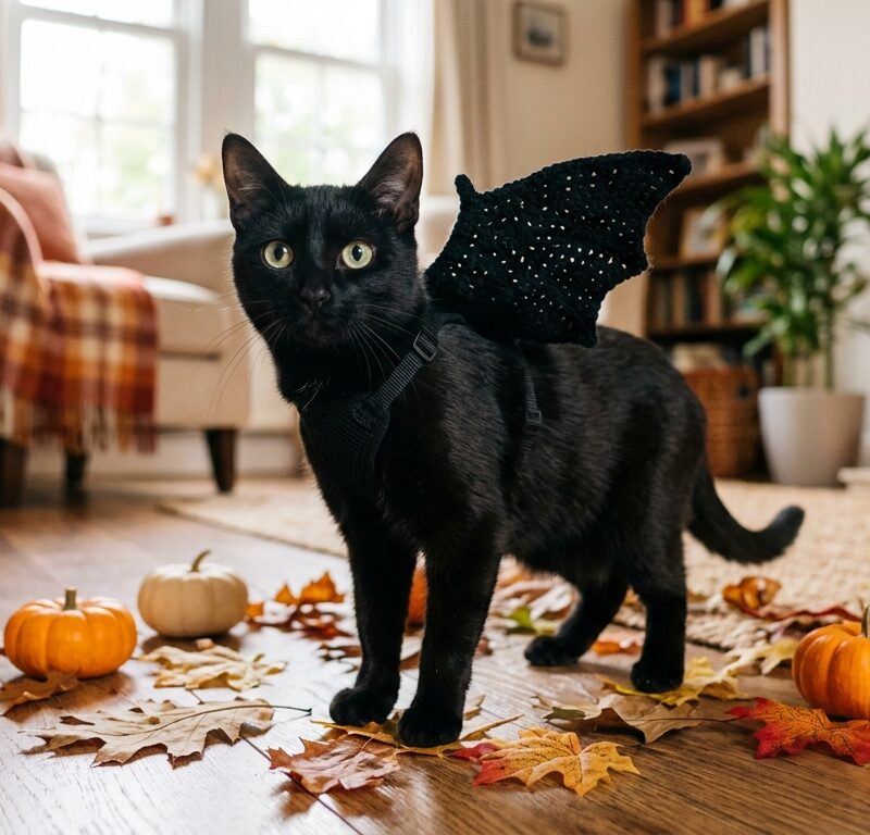 Black cat with alert eyes wearing crisp upright crochet bat wings surrounded by autumn pumpkins