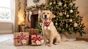 Puppy with crochet gifts
