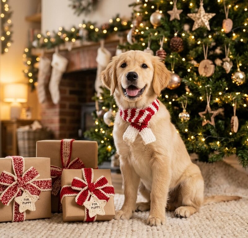 Puppy with crochet gifts