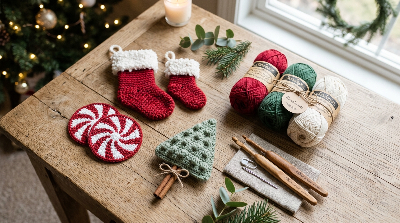 Festive holiday craft flat-lay with handmade mini crochet stockings, peppermint coasters, cinnamon stick trees, and red and green yarn