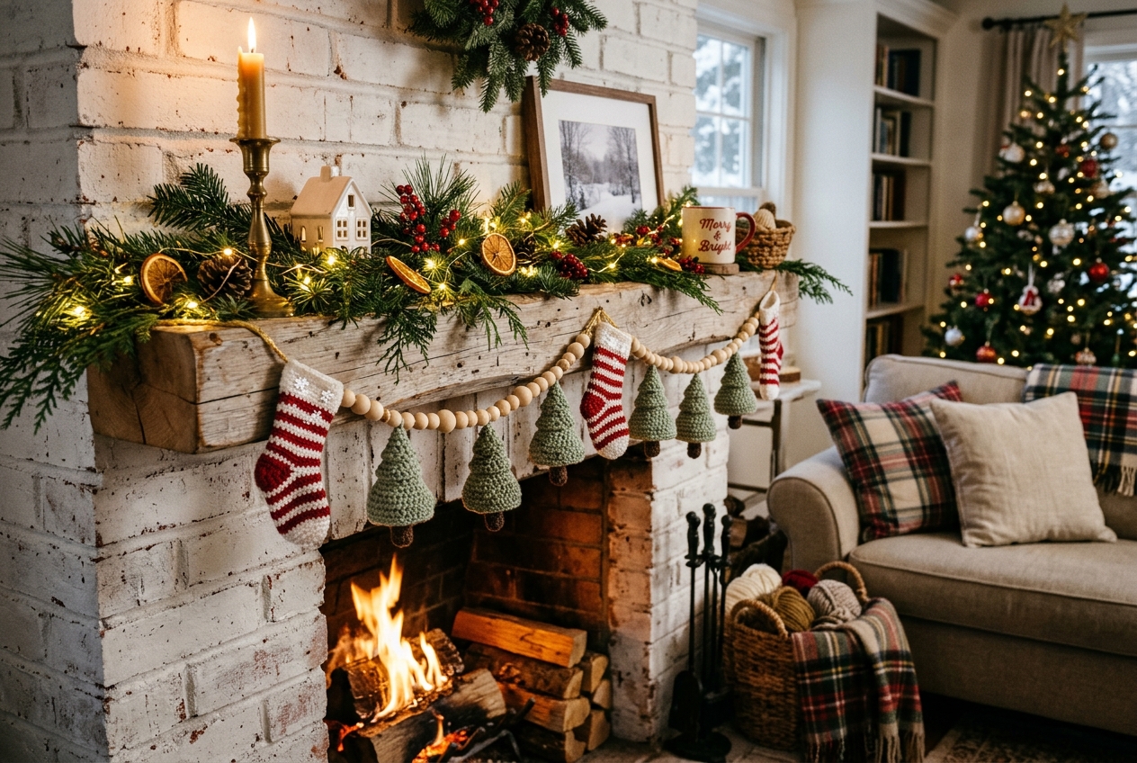 Rustic holiday fireplace mantel decorated with handmade crochet mini stockings, wooden beads, and Christmas tree garland