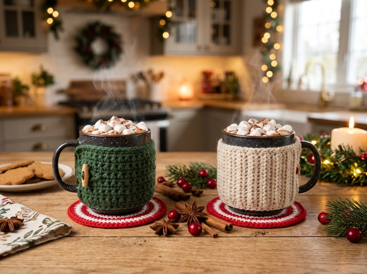 Steaming hot cocoa mugs wearing crochet mug sweaters resting on peppermint candy swirl coasters with cinnamon sticks