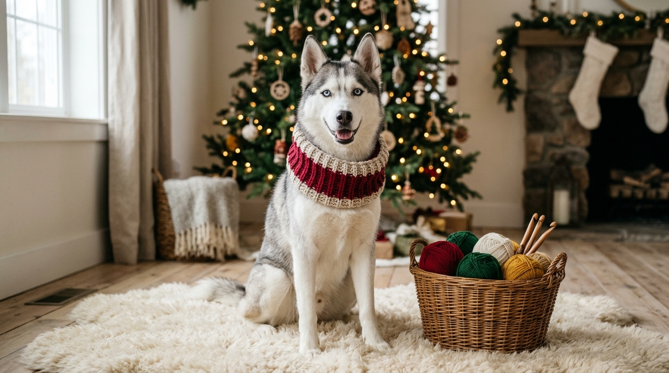 Siberian husky in Christmas crochet cowl