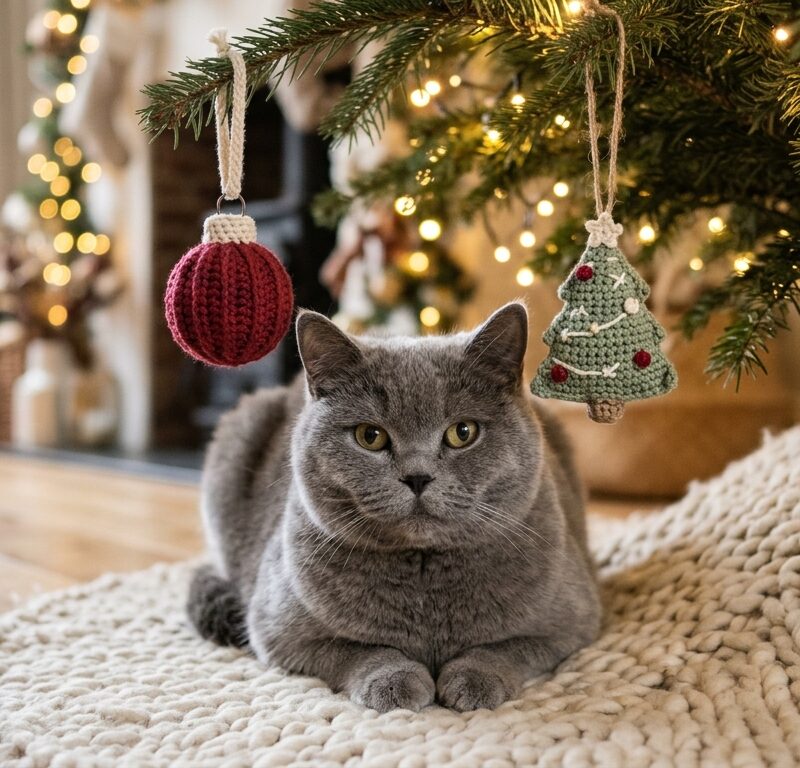 Cat admiring crochet ornaments